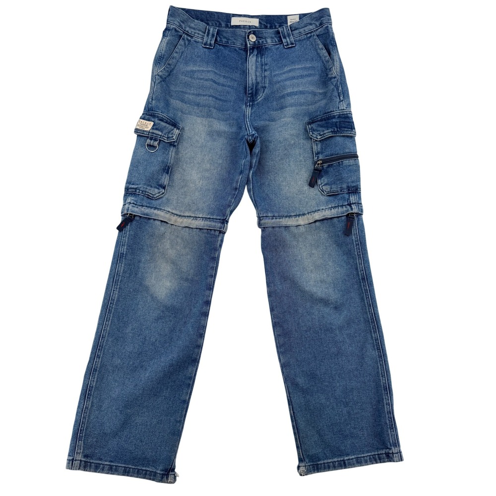 PacSun Mens Baggy Cargo Zip Off Convertible Jeans Blue Denim 30x32 Street Wear